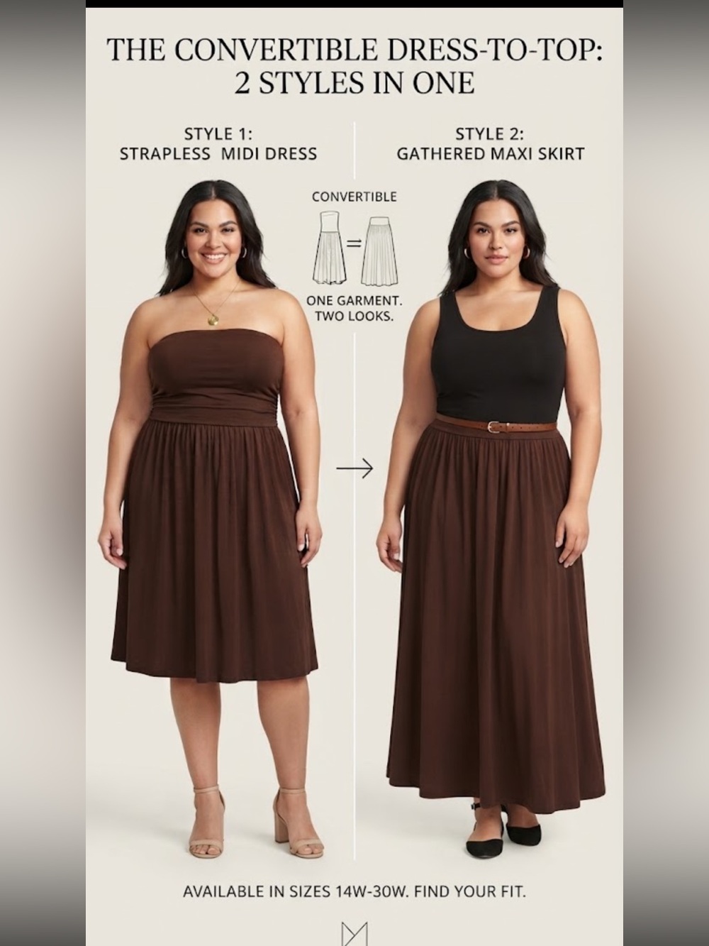 Market & Spruce NWT Brown Convertible Gathered Maxi Skirt